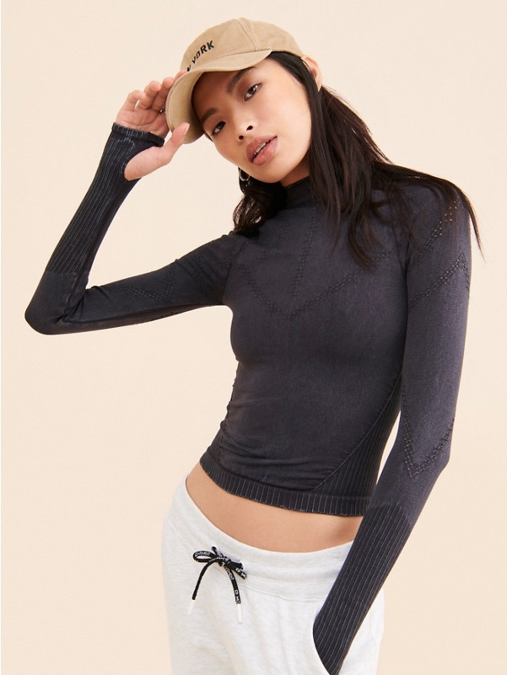 FP Movement by Free People Charcoal Mock Neck Long Sleeve Crop Top
